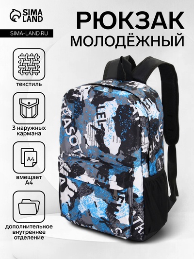 Рюкзак школьный на молнии, с карманами, с принтом, размер 30×13×42 см, голубой/серый