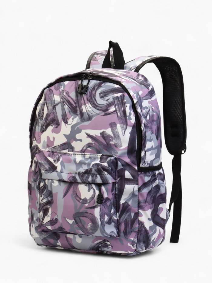 Рюкзак школьный на молнии, с карманами, с принтом, размер 30×13×42 см, серый/сиреневый - Фото 1