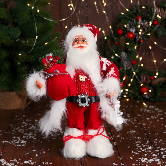 Дед Мороз "С коробками подарком и фонариком" 31 см, красный - фото 1909304170