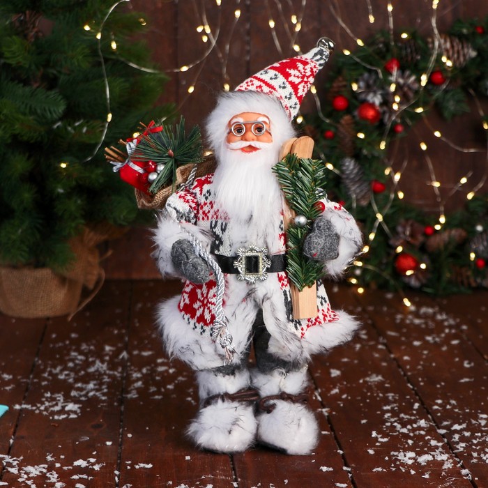 Дед Мороз &quot;В костюме с орнаментом, лыжами и веточками&quot; 31 см, красно-белый