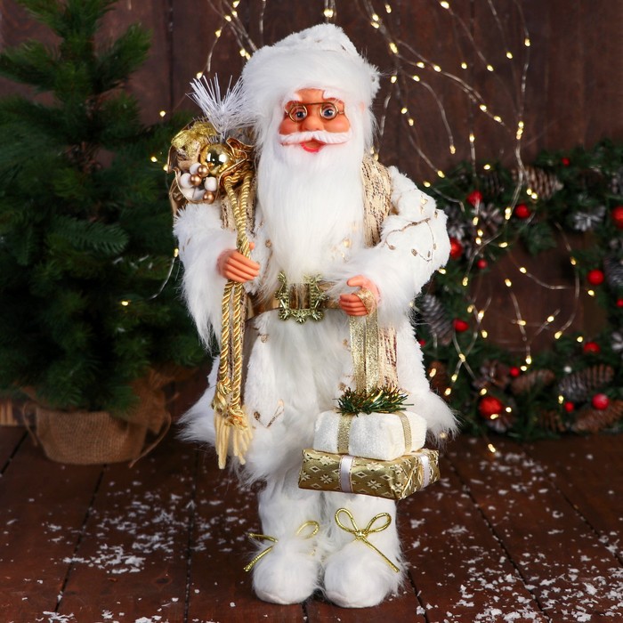 Дед Мороз "С подарками и в ремешке" 50 см, бело-золотой - Фото 1