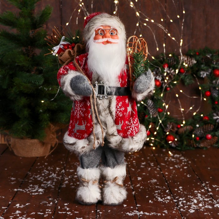 Дед Мороз &quot;В костюме со снежинками и с ремешком&quot; 50 см, красный