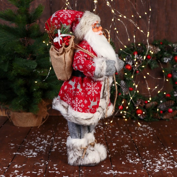 Дед Мороз "В костюме со снежинками и с ремешком" 50 см, красный - фото 1909304187
