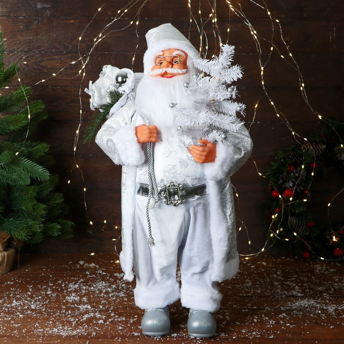 Дед Мороз С ёлочкой с шариками и подарками 60 см, серебро