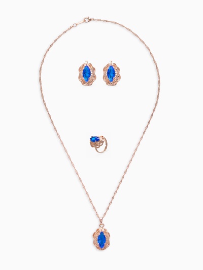 Гарнитур 3 предмета: серьги, кулон, кольцо безразмерное «Эдель» ажурный овал, цвет син в золоте, 45 см