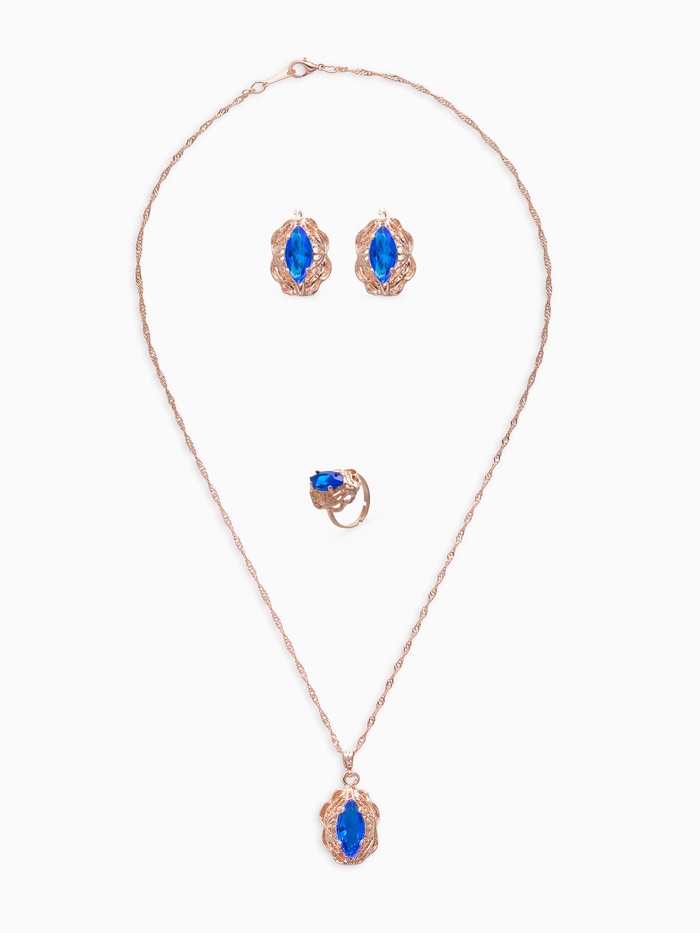 Гарнитур 3 предмета: серьги, кулон, кольцо безразмерное «Эдель» ажурный овал, цвет син в золоте, 45 см - Фото 1