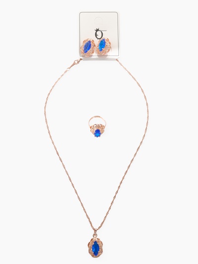 Гарнитур 3 предмета: серьги, кулон, кольцо безразмерное «Эдель», ажурный овал, син в золоте, 45 см