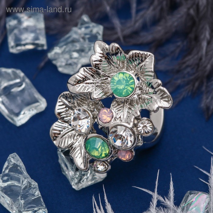 Кольцо "Цветы в дуэте", цвет зелёно-белый в серебре, размер 17,18,19 МИКС - Фото 1