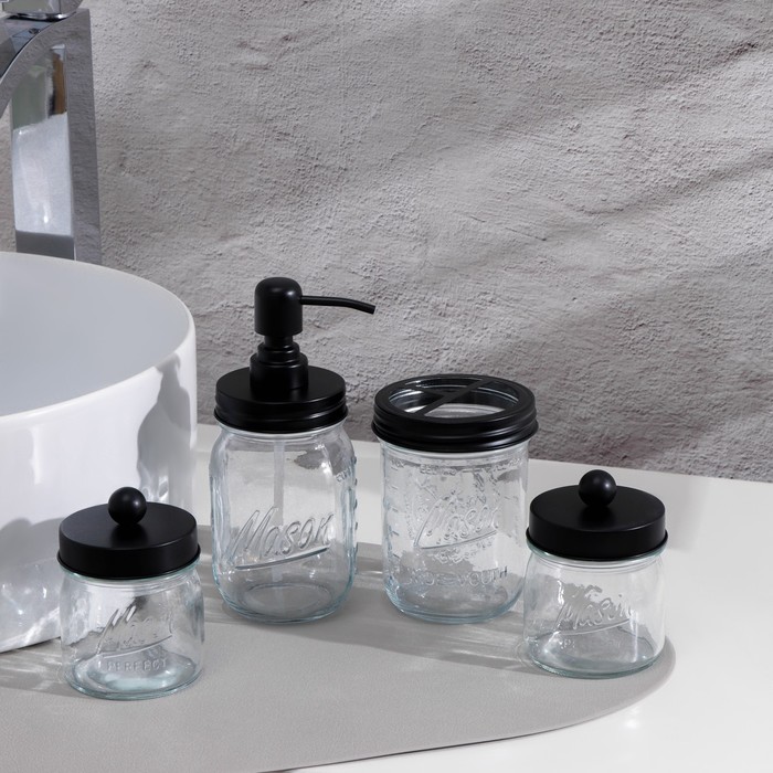 Набор аксессуаров для ванной, 4 предмета (дозатор, стакан для щёток, 2 банки), цвет чёрный - фото 1906398293