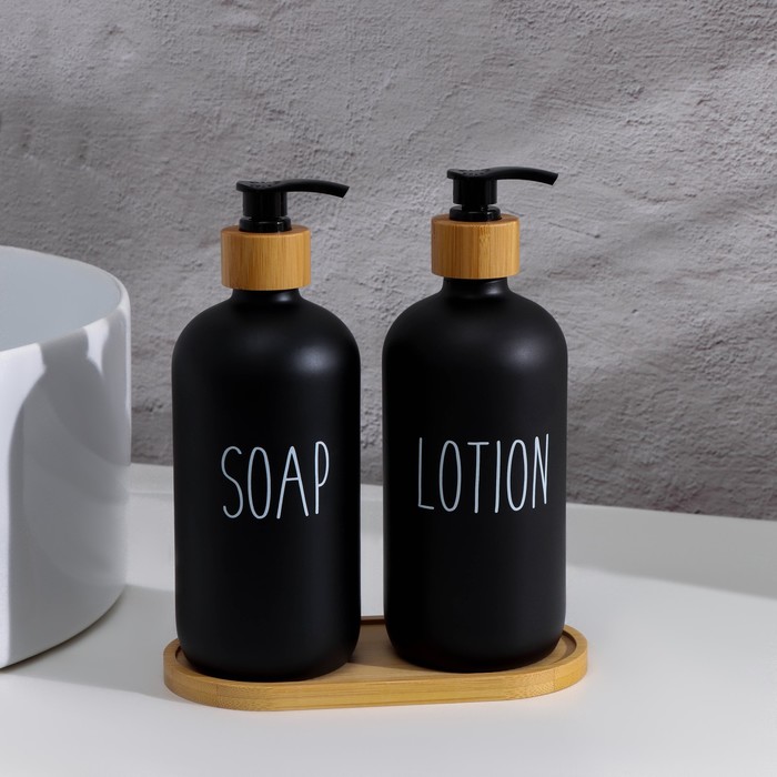 Дозаторы для мыла на подносе из бамбука, по 500 мл, стекло, чёрные - Фото 1