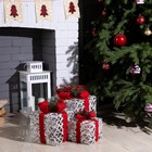 Светодиодная фигура «Серебристые подарки с красной лентой» 15, 20, 25 см, текстиль, металл, 220 В, свечение тёплое белое - фото 7451695