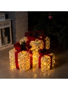 Светодиодная фигура «Серебристые подарки с красной лентой» 15, 20, 25 см, текстиль, металл, 220 В, свечение тёплое белое - фото 61037596