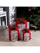 Светодиодная фигура «Серебристые подарки с красной лентой» 15, 20, 25 см, текстиль, металл, 220 В, свечение тёплое белое - фото 61037597