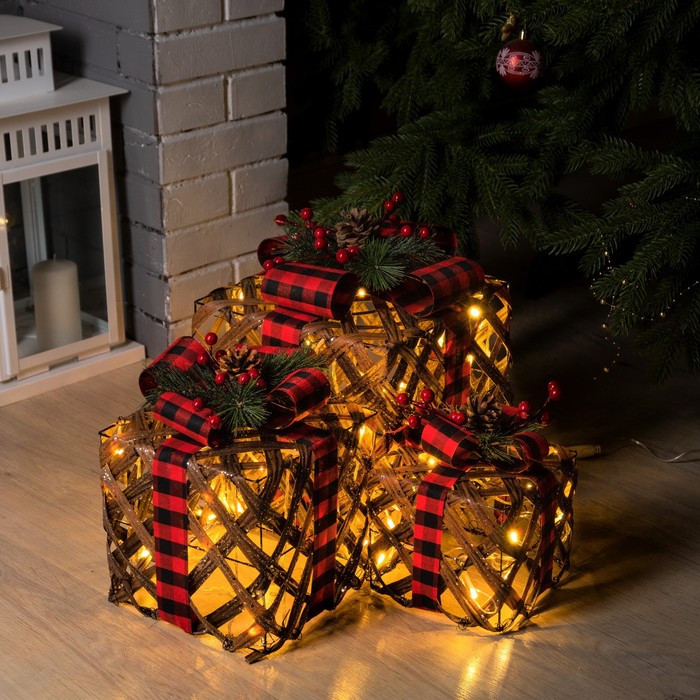 Светодиодная фигура «Коричневые плетёные подарки» 15, 20, 25 см, текстиль, металл, 220 В, свечение тёплое белое - фото 1885775301