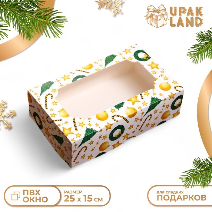 Коробка новогодняя складная с окном «Звезды и трости», 25×15×7 см - Фото 1