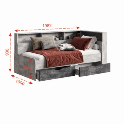 Кровать односпальная «Юта 1800» с ящиками, 1982×900×1000 мм, цвет бетон светлый/бетон тёмный