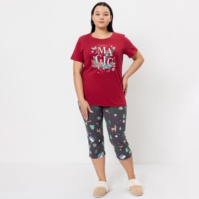 Комплект женский домашний (футболка, бриджи) Новый год, цвет бордовый, размер 52