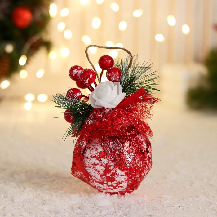 Шар пластик декор "Блеск рождества" поталь, 8х12 см, бело-красный - Фото 1