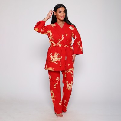 Комплект домашний женский (халат, топ, брюки), красный, размер 48
