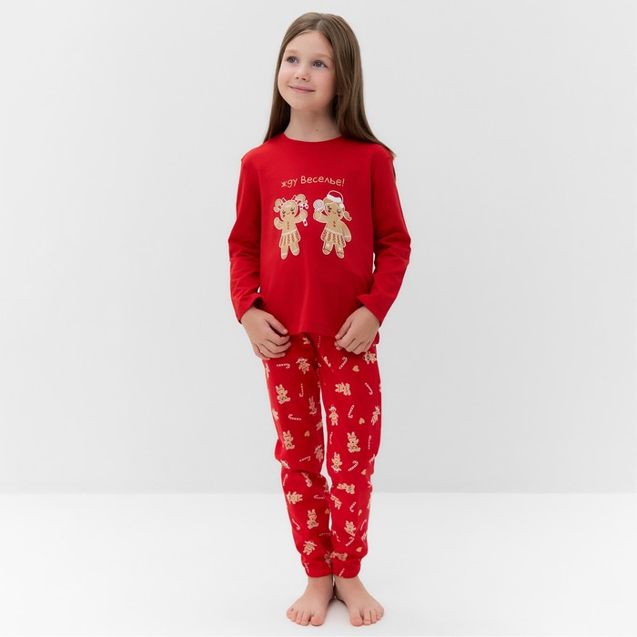 Пижама для девочки, цвет красный/печеньки, рост 104-110 см - Фото 1