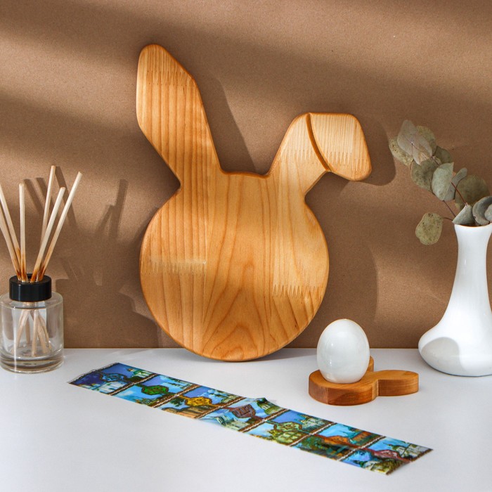 Пасхальный деревянный набор Adelica, подставка для яиц заяц 1 ячейка, сервировочная доска, термонаклейки 7 шт., берёза - Фото 1