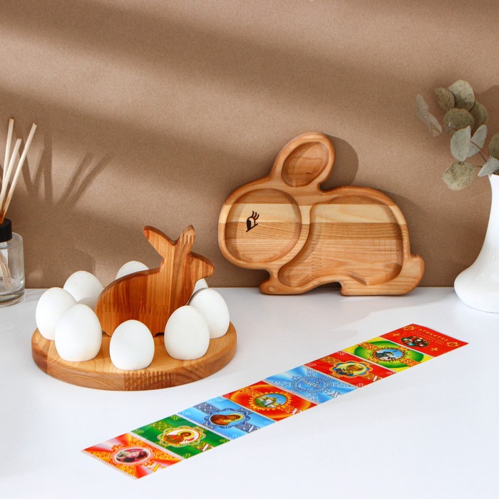 Пасхальный набор Adelica, менажница заяц, подставка для яиц 8 ячеек, d=20×1.8 см, термонаклейки 7 шт., дерево берёза - Фото 1