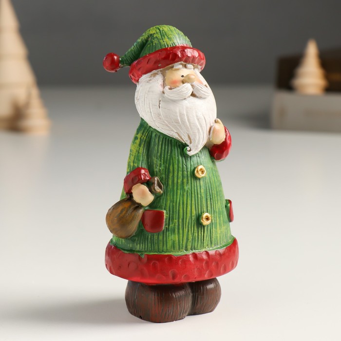 Сувенир полистоун "Дед Мороз в зелёной шубе и колпаке, с мешком" 5х6х13 см