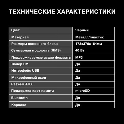 Аудиосистема Hyundai H-MC1230, 40 Вт, USB, BT, AUX, FM, microSD, чёрная