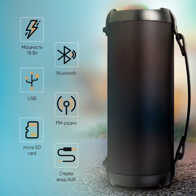 Колонка портативная Digma D-PS1520, 16 Вт, 1.0 BT, 10 м, 1500mAh, чёрная (SP1520B)