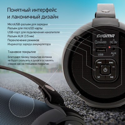 Колонка портативная Digma D-PS1520, 16 Вт, 1.0 BT, 10 м, 1500mAh, чёрная (SP1520B)