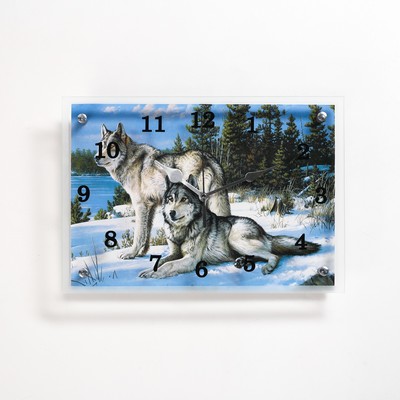 Часы настенные, серия: Животный мир, "Волки в Зимнем Лесу", 25х35 см