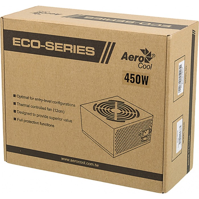 Блок питания Aerocool ATX 450W ECO-450 (24+4pin) 120mm fan 2xSATA RTL - фото 51349040