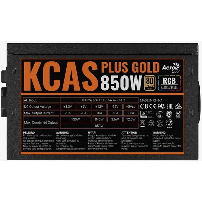 Блок питания Aerocool ATX 850W KCAS PLUS GOLD 850W ARGB 80+ gold 24+2x(4+4) pin APFC 120mm f   10044 - фото 51349126