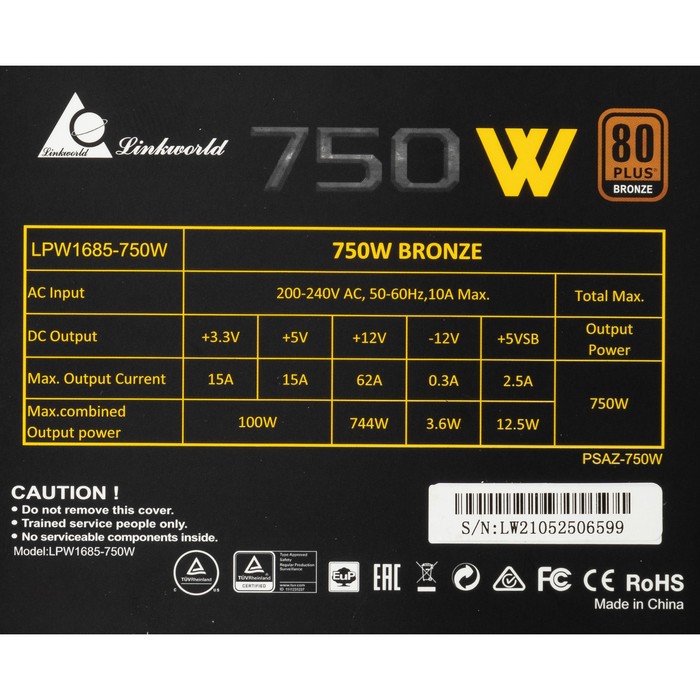 Блок питания LinkWorld ATX 750W LW-750B 80+ bronze 24+2x(4+4) pin APFC 120mm fan 5xSATA RTL   100444 - фото 51349530