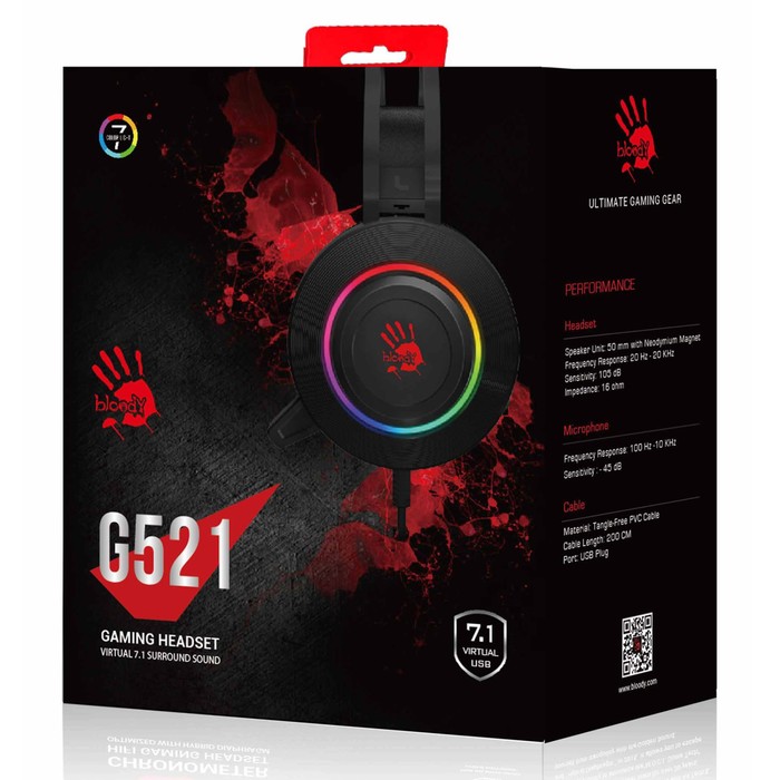 Наушники с микрофоном A4Tech Bloody G521 черный 2.3м мониторные USB оголовье (G521 (BLACK))   100458 - фото 51353237