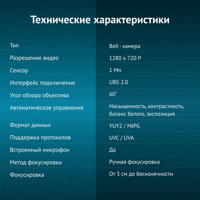 Камера Web Оклик OK-C015HD, 1 Мп, 1280×720, USB 2.0, с микрофоном, чёрная