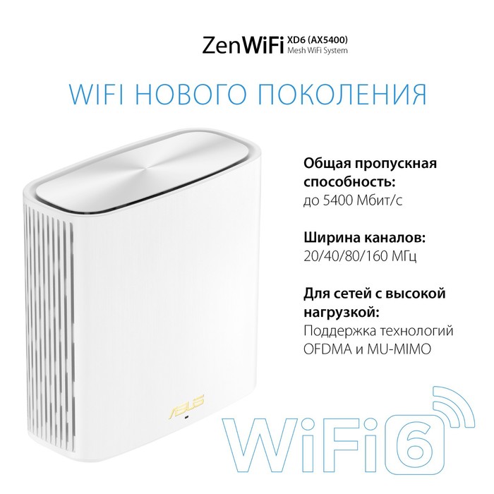 Бесшовный Mesh роутер Asus ZenWiFi XD6 (W-1-PK) AX5400 10/100/1000BASE-TX белый - фото 51361866