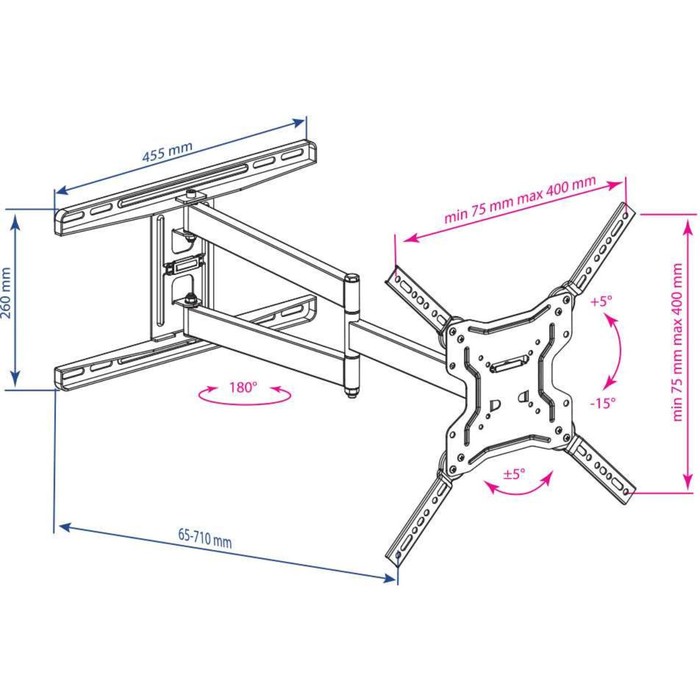 Кронштейн для телевизора Kromax DIX-19 черный 22"-65" макс.45кг настенный поворотно-выдвижно   10047 - фото 51436393