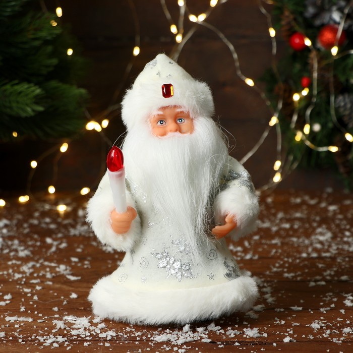 Дед Мороз "В узорчатой шубке с фонариком" 19 см, серебро - фото 1909312124