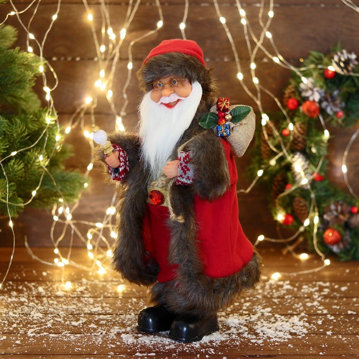 Дед Мороз "В костюме с узорными рукавами" двигается, с подсветкой, 40 см, красный