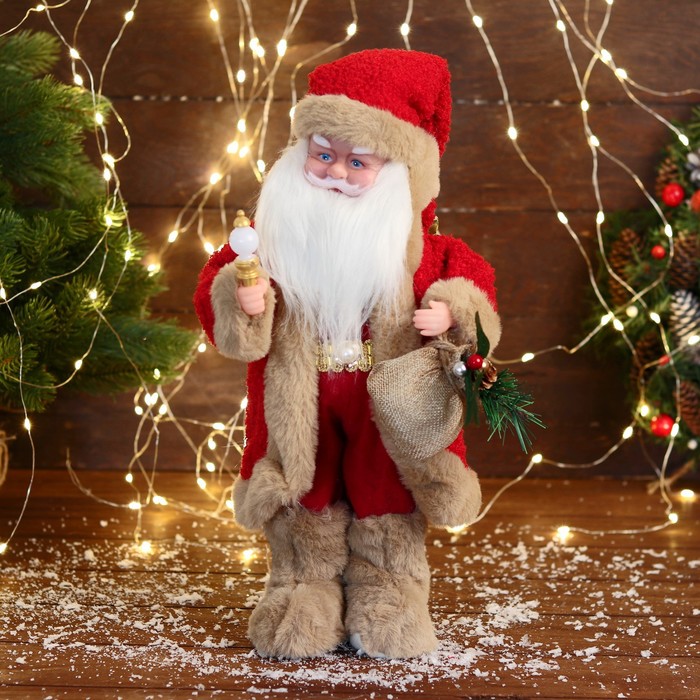 Дед Мороз "В костюме с коричневым мехом" двигается, с подсветкой,  40 см, красный - фото 1909312144