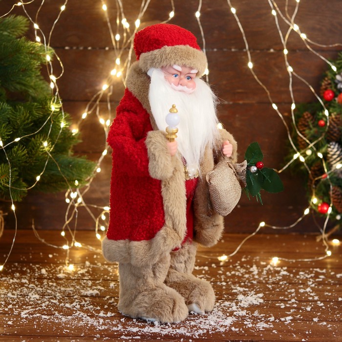 Дед Мороз "В костюме с коричневым мехом" двигается, с подсветкой,  40 см, красный - фото 1928301061