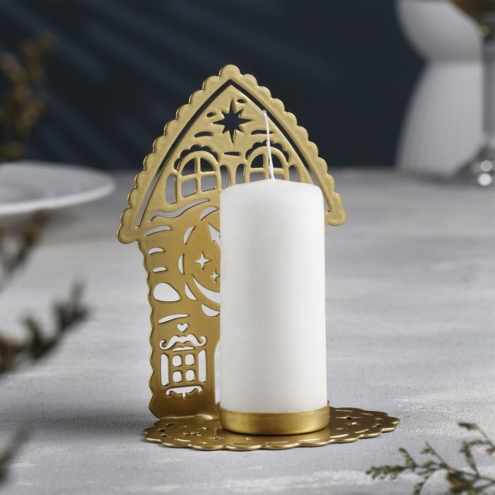 Подсвечник "Домик с часами" металл на одну свечу, 6,7х10х13,5 см, золотой - Фото 1