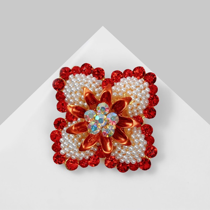 Брошь «Цветок» необычный, цвет красно-белый в матовом золоте - Фото 1