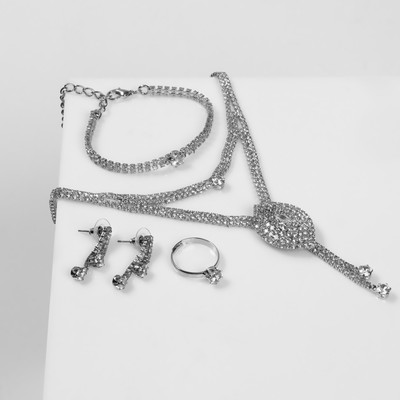 Набор 4 предмета: серьги, колье, браслет, кольцо «Жаклин», 2 нити, цвет белый в серебре