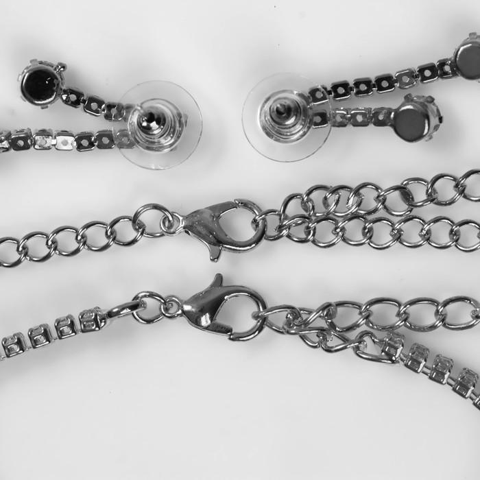 Набор 4 предмета: серьги, колье, браслет, кольцо "Жаклин", 2 нити, цвет белый в серебре