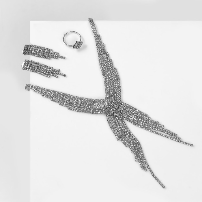 Набор 3 предмета: серьги, колье, кольцо "Водопад" крылья, цвет белый в серебре