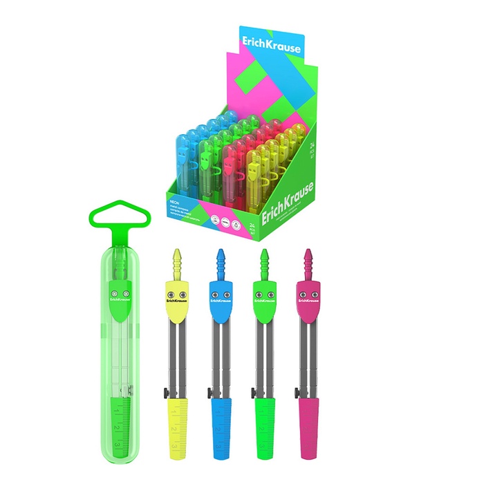 Циркуль металлический Erich Krause. S-Cool, 120 мм, максимальный радиус 18 см, пластиковый чехол, колпачок с линейкой, МИКС - Фото 1