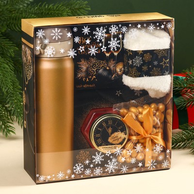 Подарочный набор новогодний «Все мечты сбудутся»:Чай новогодний чёрный 50 г, крем-мед с клубникой 120 г, носки 36 - 39 размер, термос 500 мл.