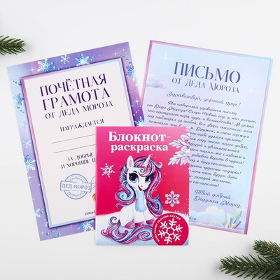 Подарочный набор новогодний, письмо от Деда Мороза, блокнот-раскраска, грамота «Волшебный единорог»